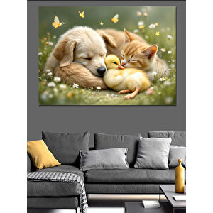 Köpek Ve Kedi Uyuyor Dekoratif Kanvas - Mdf Ahşap Tablo 100x140 cm