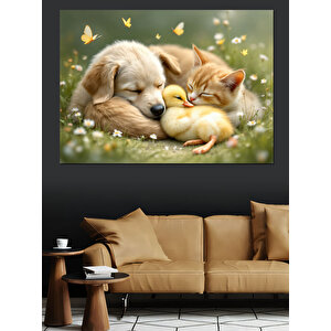 Köpek Ve Kedi Uyuyor Dekoratif Kanvas - Mdf Ahşap Tablo 100x140 cm