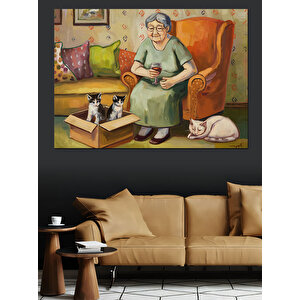 Yaşlı Kadın Ve Kediler Dekoratif Kanvas - Mdf Ahşap Tablo