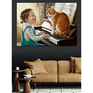 Piyano Çalan Çocuk Ve Kedi Dekoratif Kanvas - Mdf Ahşap Tablo 35x50 cm