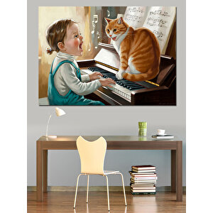 Piyano Çalan Çocuk Ve Kedi Dekoratif Kanvas - Mdf Ahşap Tablo