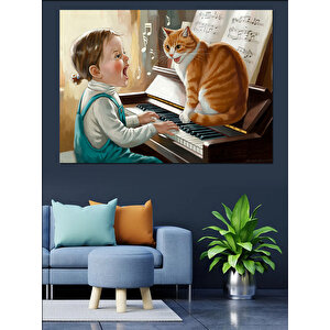 Piyano Çalan Çocuk Ve Kedi Dekoratif Kanvas - Mdf Ahşap Tablo 100x140 cm