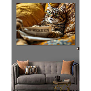 Gazete Okuyan Tembel Sevimli Kedi Dekoratif Kanvas - Mdf Ahşap Tablo 100x140 cm