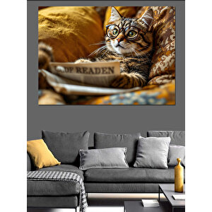 Gazete Okuyan Tembel Sevimli Kedi Dekoratif Kanvas - Mdf Ahşap Tablo 100x140 cm