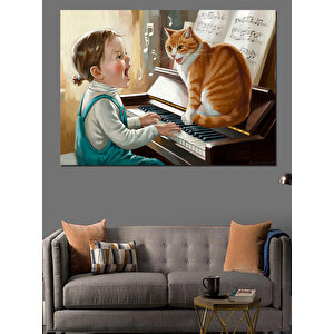 Piyano Çalan Çocuk Ve Kedi Dekoratif Kanvas - Mdf Ahşap Tablo 70x100 cm