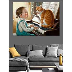 Piyano Çalan Çocuk Ve Kedi Dekoratif Kanvas - Mdf Ahşap Tablo