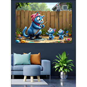 Çit Önünde Mavi Kediler Dekoratif Kanvas - Mdf Ahşap Tablo 25x35 cm