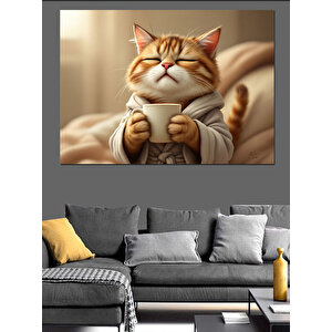 Mutlu Kedi Çizimi Dekoratif Kanvas - Mdf Ahşap Tablo 35x50 cm