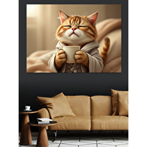 Mutlu Kedi Çizimi Dekoratif Kanvas - Mdf Ahşap Tablo