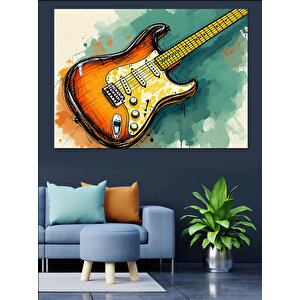 Turuncu Elektro Gitar Dekoratif Kanvas - Mdf Ahşap Tablo 35x50 cm