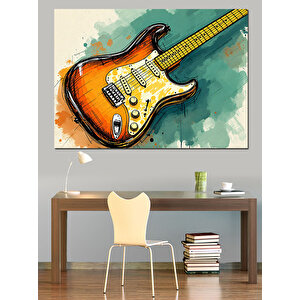 Turuncu Elektro Gitar Dekoratif Kanvas - Mdf Ahşap Tablo