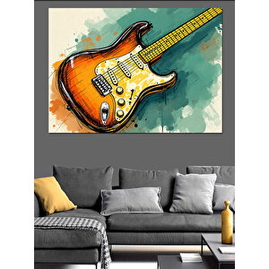 Turuncu Elektro Gitar Dekoratif Kanvas - Mdf Ahşap Tablo
