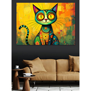 Renkli Desenli Kedi Dekoratif Kanvas - Mdf Ahşap Tablo 100x140 cm