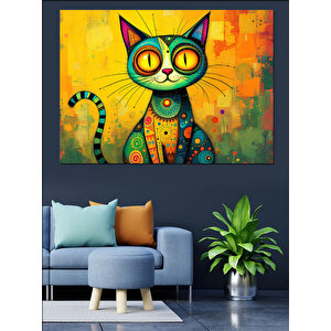 Renkli Desenli Kedi Dekoratif Kanvas - Mdf Ahşap Tablo 100x140 cm