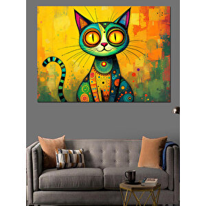 Renkli Desenli Kedi Dekoratif Kanvas - Mdf Ahşap Tablo 100x140 cm