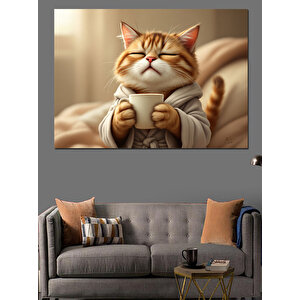Mutlu Kedi Çizimi Dekoratif Kanvas - Mdf Ahşap Tablo 50x70 cm