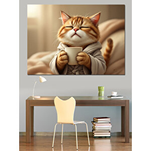 Mutlu Kedi Çizimi Dekoratif Kanvas - Mdf Ahşap Tablo 50x70 cm