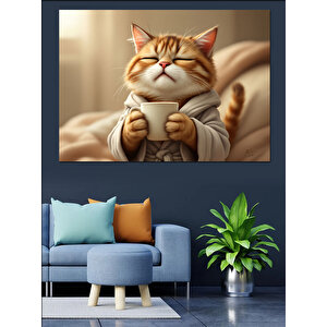 Mutlu Kedi Çizimi Dekoratif Kanvas - Mdf Ahşap Tablo