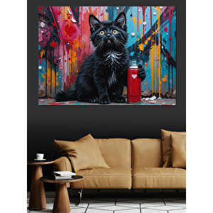 Spreyli Siyah Kedi Dekoratif Kanvas - Mdf Ahşap Tablo 35x50 cm