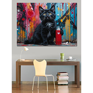 Spreyli Siyah Kedi Dekoratif Kanvas - Mdf Ahşap Tablo