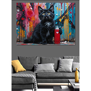 Spreyli Siyah Kedi Dekoratif Kanvas - Mdf Ahşap Tablo 100x140 cm