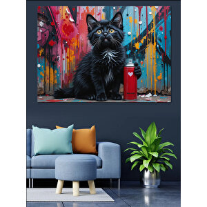 Spreyli Siyah Kedi Dekoratif Kanvas - Mdf Ahşap Tablo 100x140 cm