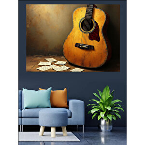 Müzikli Ahşap Gitar Dekoratif Kanvas - Mdf Ahşap Tablo 100x140 cm