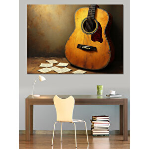 Müzikli Ahşap Gitar Dekoratif Kanvas - Mdf Ahşap Tablo