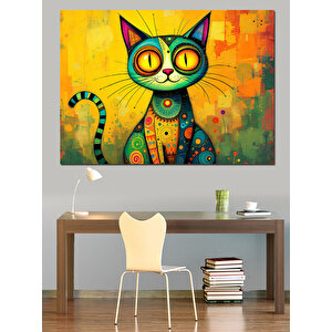 Renkli Desenli Kedi Dekoratif Kanvas - Mdf Ahşap Tablo