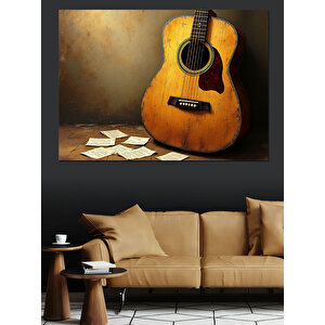 Müzikli Ahşap Gitar Dekoratif Kanvas - Mdf Ahşap Tablo 50x70 cm