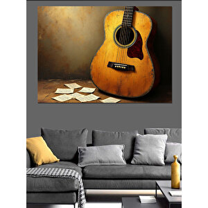 Müzikli Ahşap Gitar Dekoratif Kanvas - Mdf Ahşap Tablo 70x100 cm