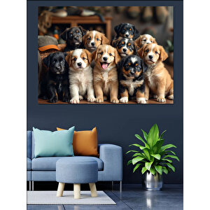 Yavru Köpek Grubu Dekoratif Kanvas - Mdf Ahşap Tablo 100x140 cm