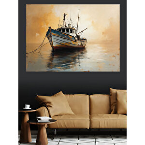 Sakin Sular Üzerinde Balıkçı Teknesi Dekoratif Kanvas - Mdf Ahşap Tablo 70x100 cm