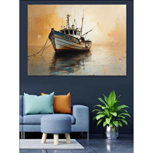 Sakin Sular Üzerinde Balıkçı Teknesi Dekoratif Kanvas - Mdf Ahşap Tablo 70x100 cm