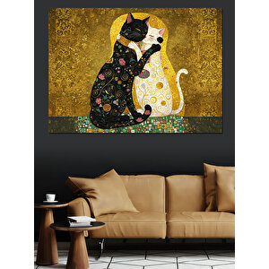 Altın Desenli Kediler Dekoratif Kanvas - Mdf Ahşap Tablo 70x100 cm