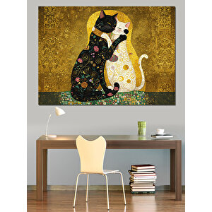 Altın Desenli Kediler Dekoratif Kanvas - Mdf Ahşap Tablo