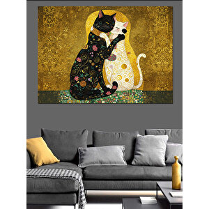 Altın Desenli Kediler Dekoratif Kanvas - Mdf Ahşap Tablo
