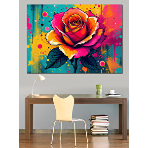Renk Patlamalı Gül Çizimi Dekoratif Kanvas - Mdf Ahşap Tablo 100x140 cm