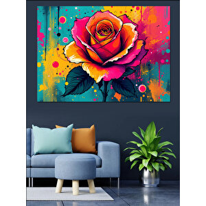 Renk Patlamalı Gül Çizimi Dekoratif Kanvas - Mdf Ahşap Tablo