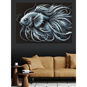 Siyah Beyaz Balık Deseni Dekoratif Kanvas - Mdf Ahşap Tablo 25x35 cm