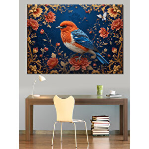Kuş Desenli Mavi Arka Plan Dekoratif Kanvas - Mdf Ahşap Tablo