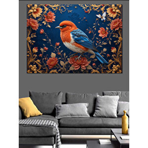 Kuş Desenli Mavi Arka Plan Dekoratif Kanvas - Mdf Ahşap Tablo