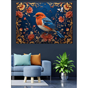 Kuş Desenli Mavi Arka Plan Dekoratif Kanvas - Mdf Ahşap Tablo 100x140 cm