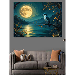 Ay Işığında Kuş Ve Dallar Dekoratif Kanvas - Mdf Ahşap Tablo 100x140 cm