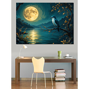 Ay Işığında Kuş Ve Dallar Dekoratif Kanvas - Mdf Ahşap Tablo 100x140 cm