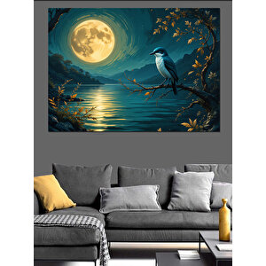 Ay Işığında Kuş Ve Dallar Dekoratif Kanvas - Mdf Ahşap Tablo 100x140 cm