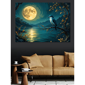Ay Işığında Kuş Ve Dallar Dekoratif Kanvas - Mdf Ahşap Tablo