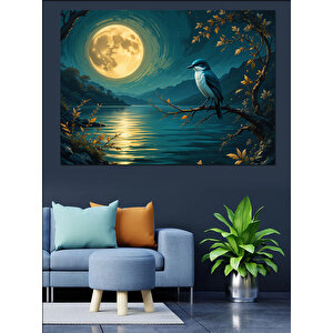 Ay Işığında Kuş Ve Dallar Dekoratif Kanvas - Mdf Ahşap Tablo