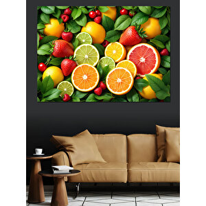 Renkli Tropikal Meyve Kolajı Dekoratif Kanvas - Mdf Ahşap Tablo 50x70 cm