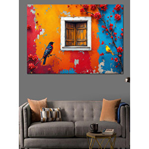 Turuncu Duvar Penceresi Kuş Dekoratif Kanvas - Mdf Ahşap Tablo 70x100 cm